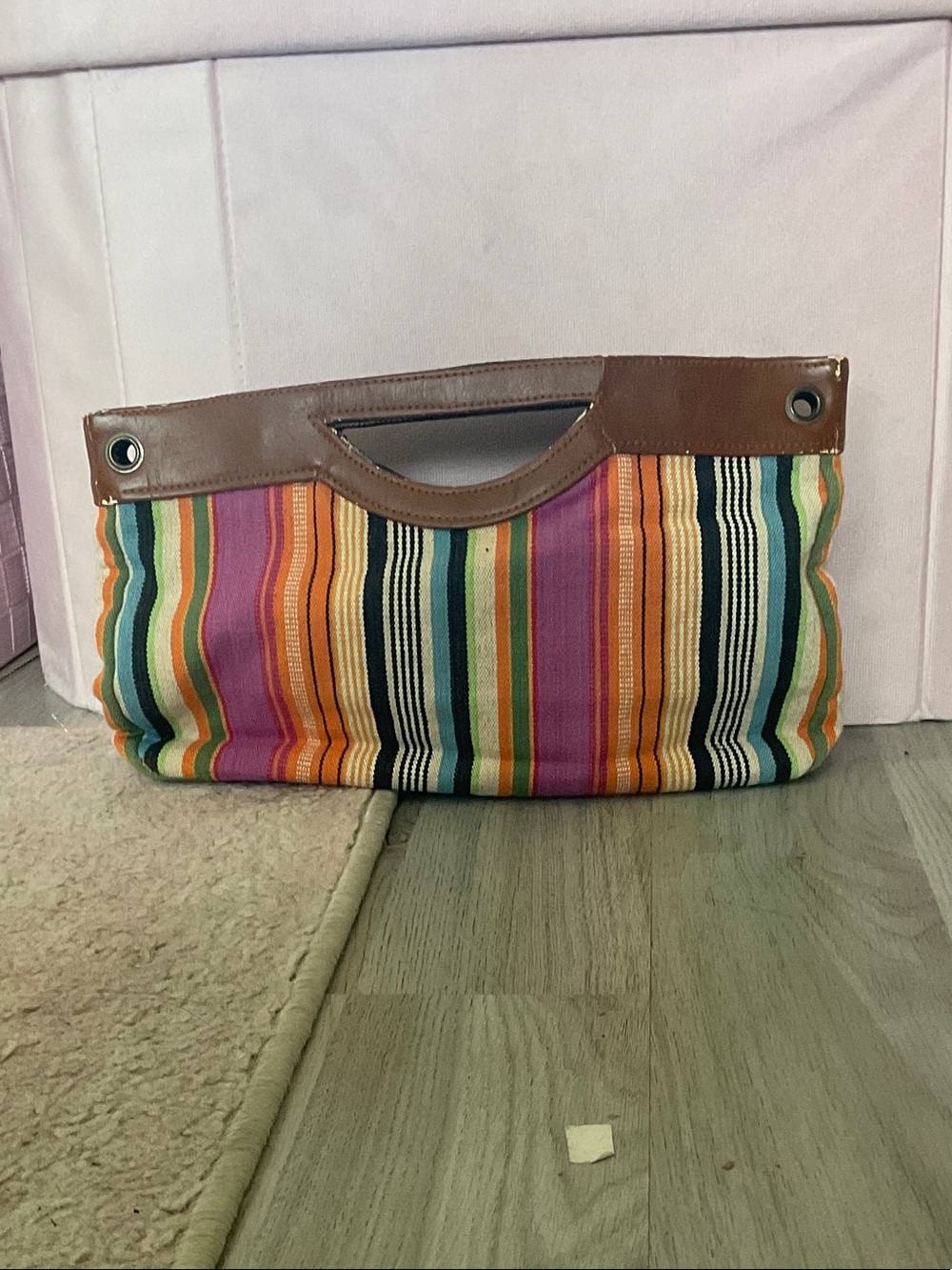Striped Multicolor Canvas Tote with Brown Trim